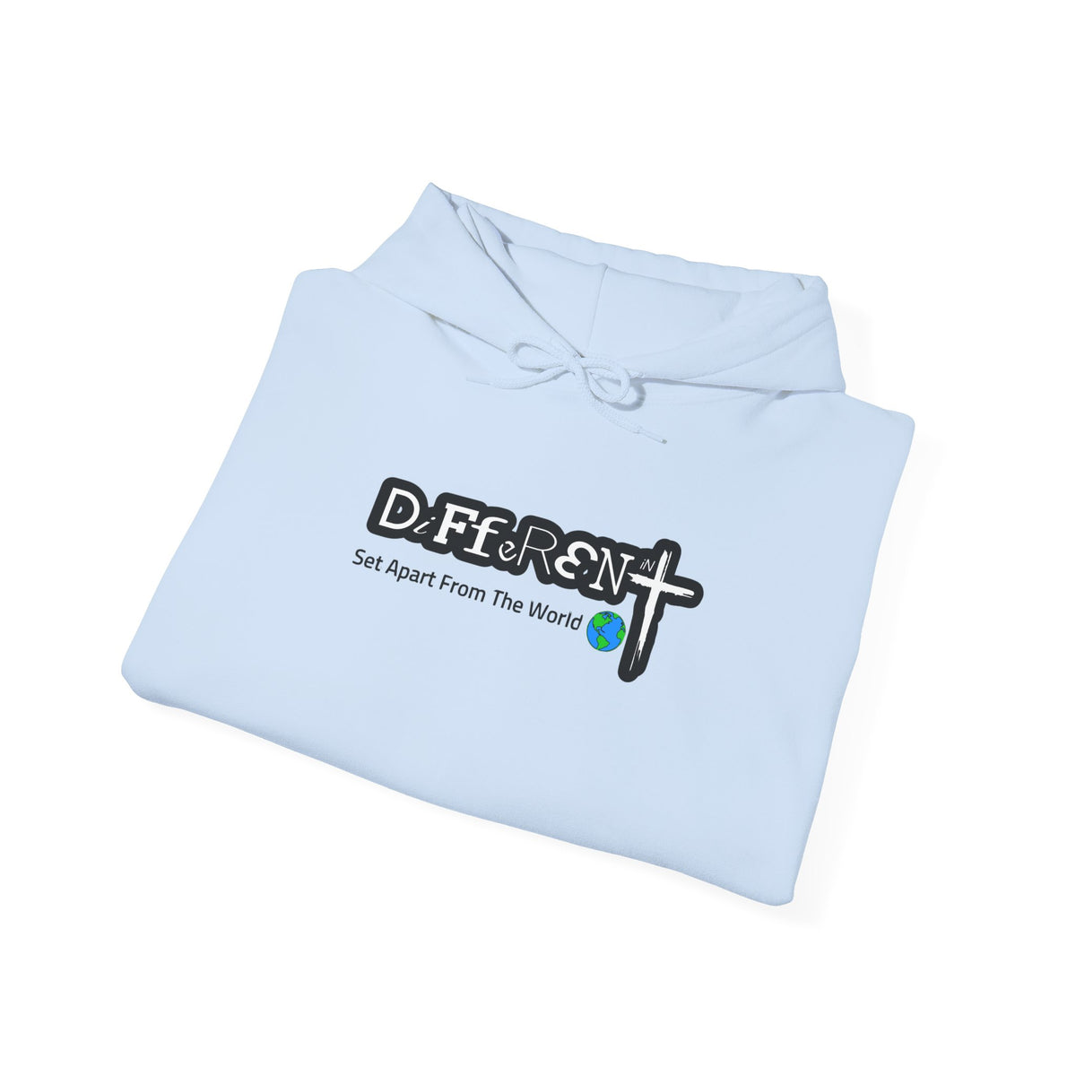 Light blue hoodie with DeFfeR3Nt front logo and cross graphic