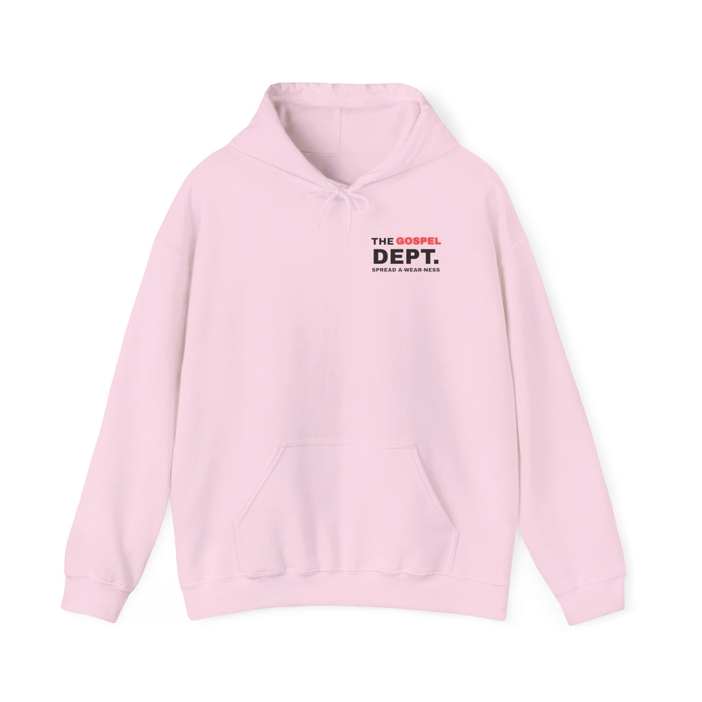 Gospel Dept. hoodie, pale pink, front view with hood, pouch pocket, and logo print