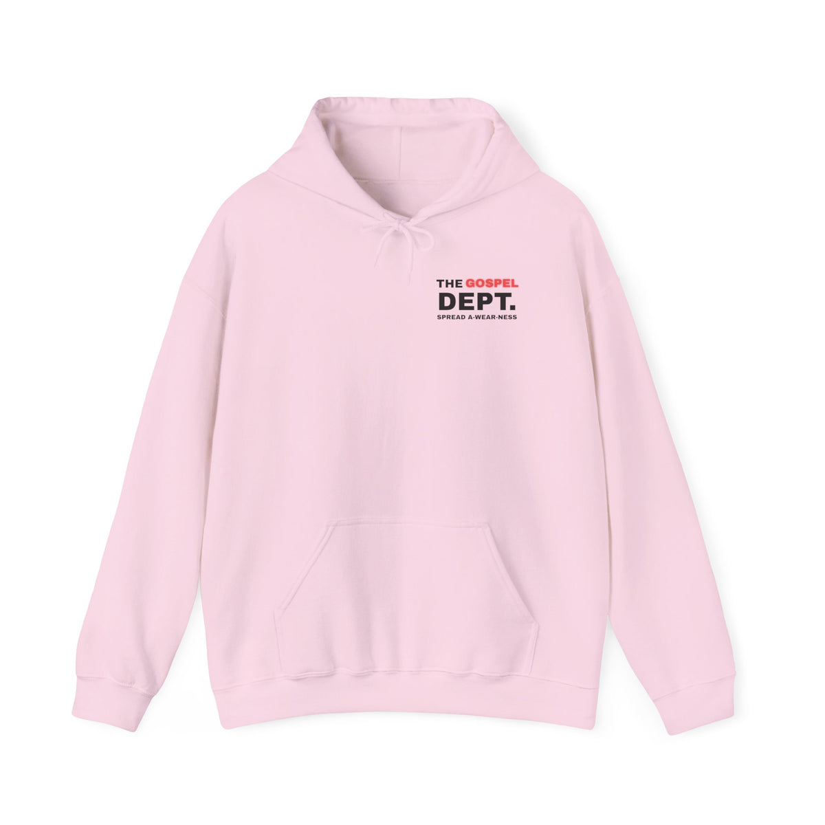 Gospel Dept. hoodie, pale pink, front view with hood, pouch pocket, and logo print