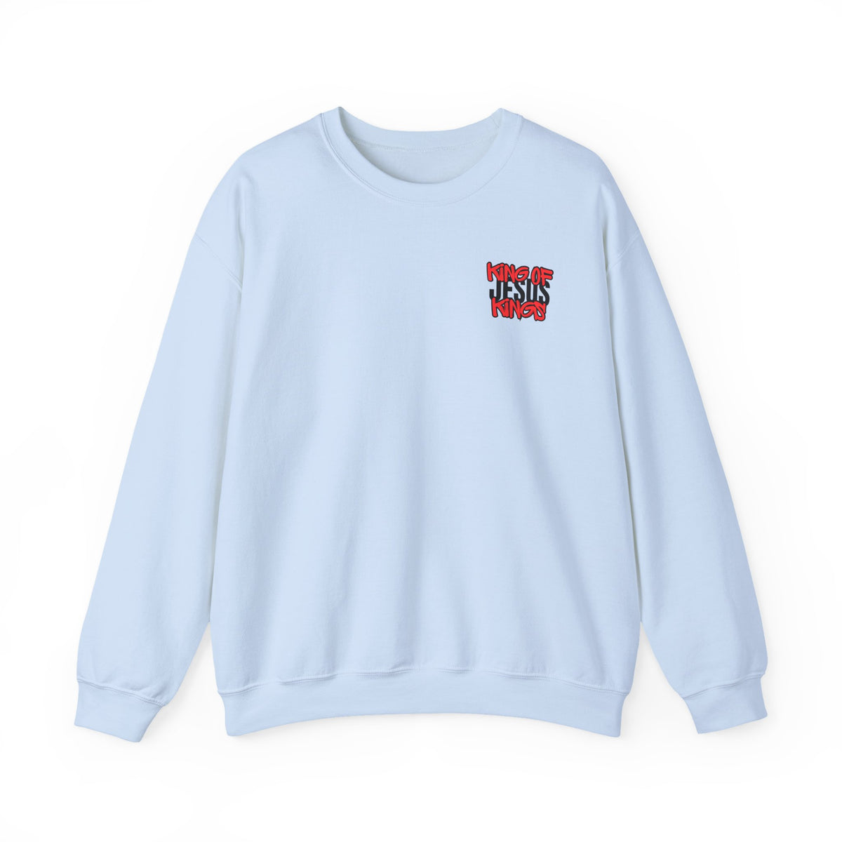 Light blue crewneck sweater with small red graphic on left chest