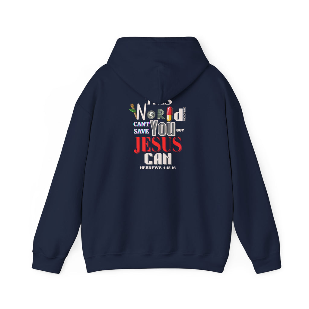 Navy hoodie with drawstring hood and large back graphic design