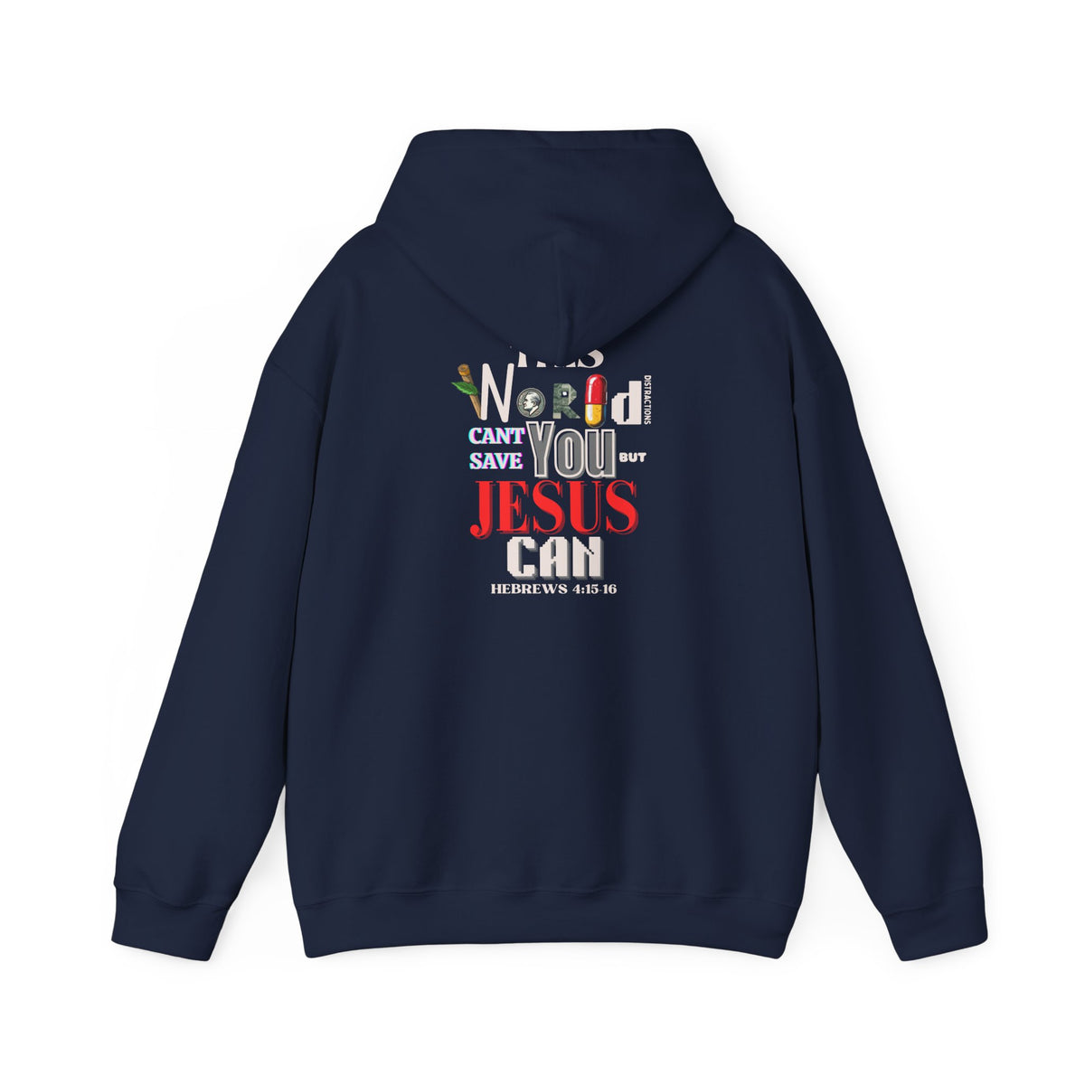 Navy hoodie with drawstring hood and large back graphic design