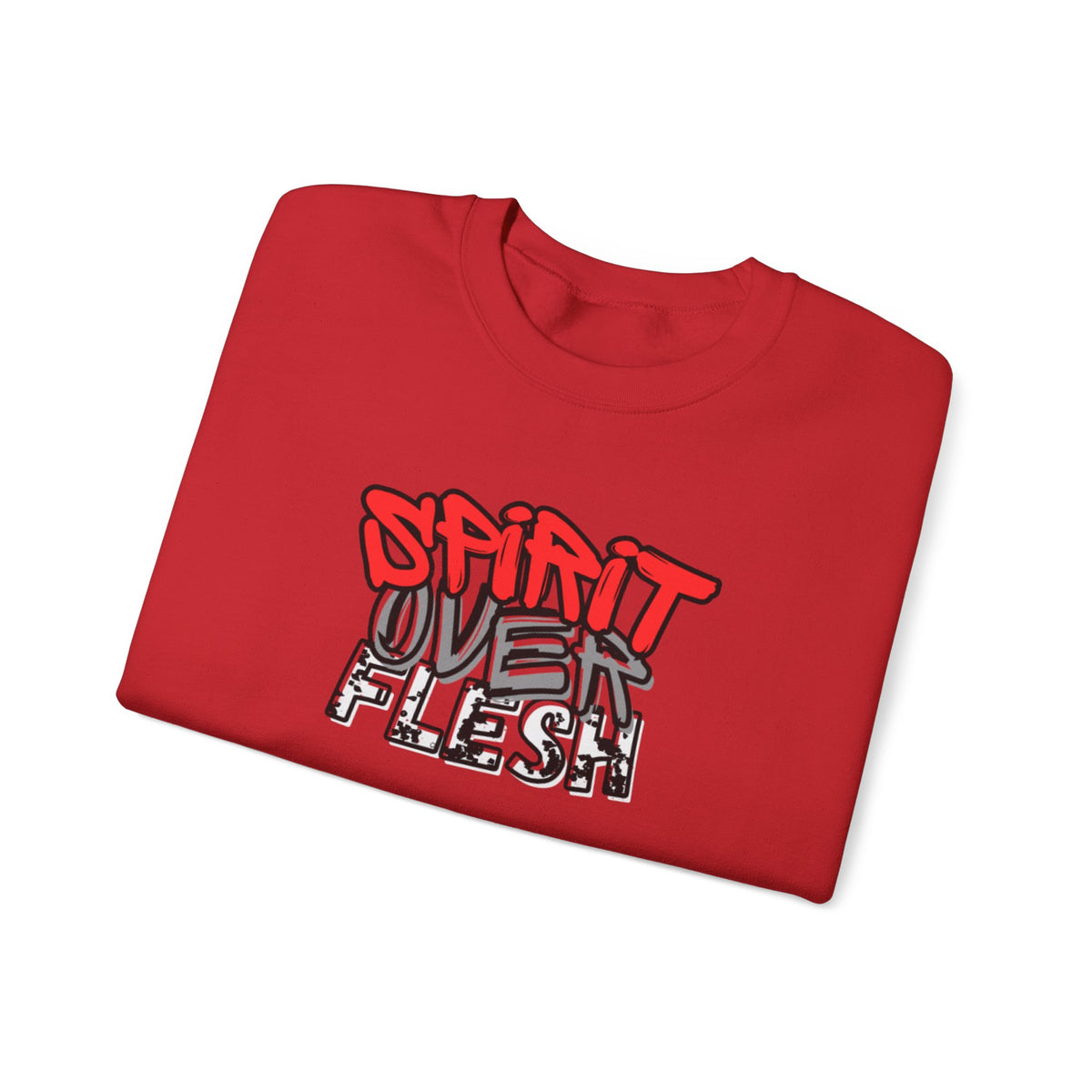 Red crewneck sweater with Spirit Over Flesh graphic print on chest