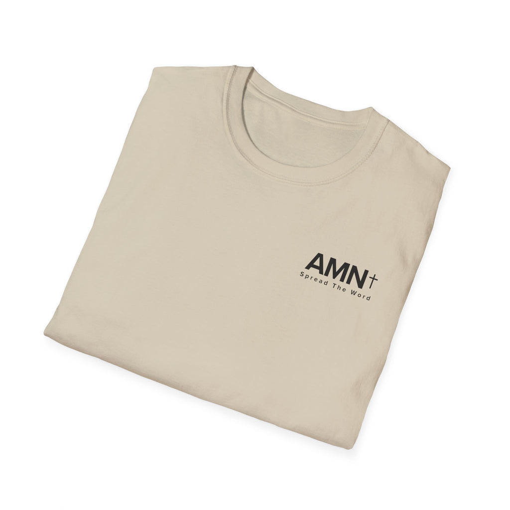 Beige T-shirt with small AMN+ logo on chest