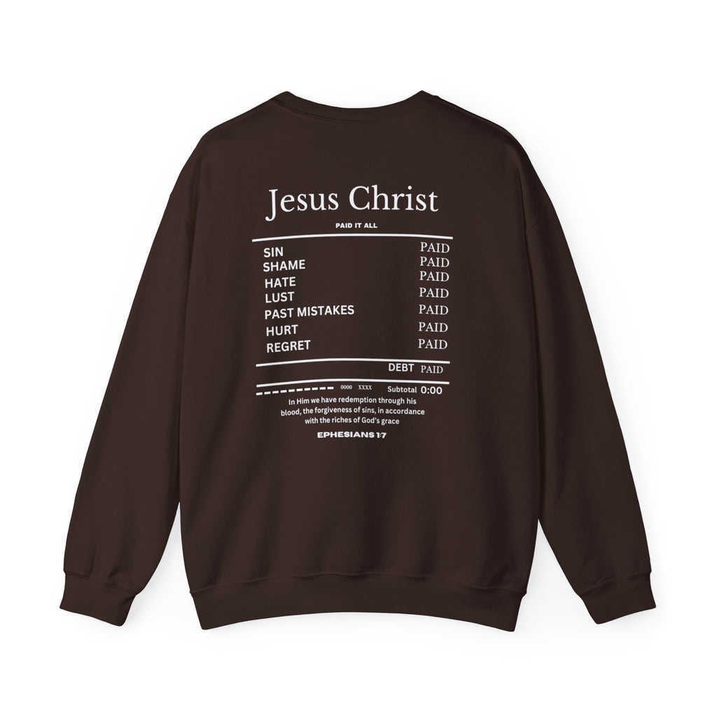 Dark brown crewneck sweater, back graphic with 'Jesus Christ' and paid/debt text