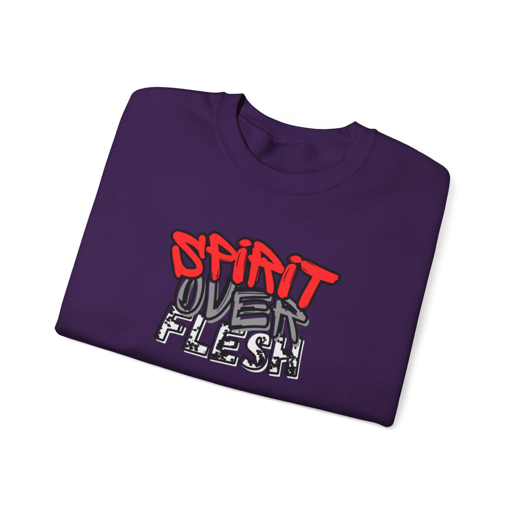 Purple crewneck sweater with red and white graphic logo on chest