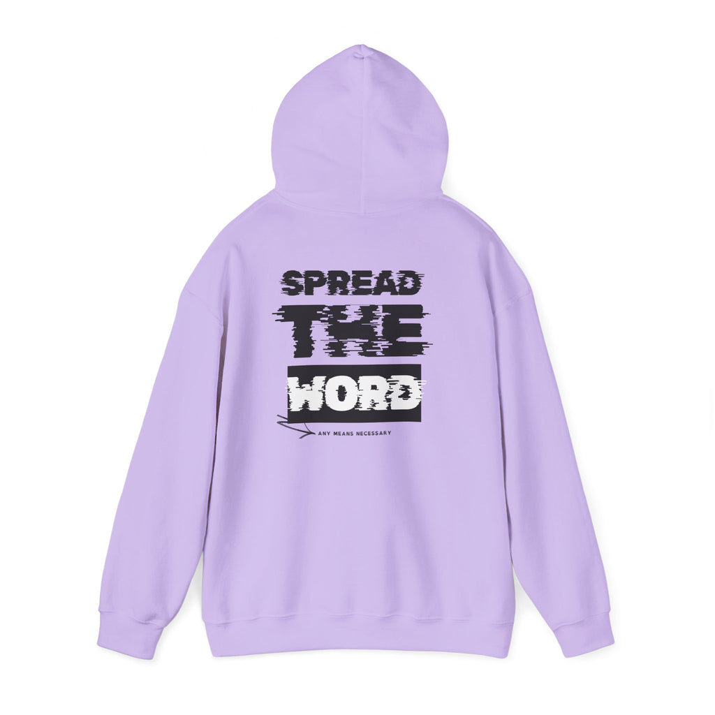 Lavender hoodie with drawstring hood and large “SPREAD THE WORD” back graphic