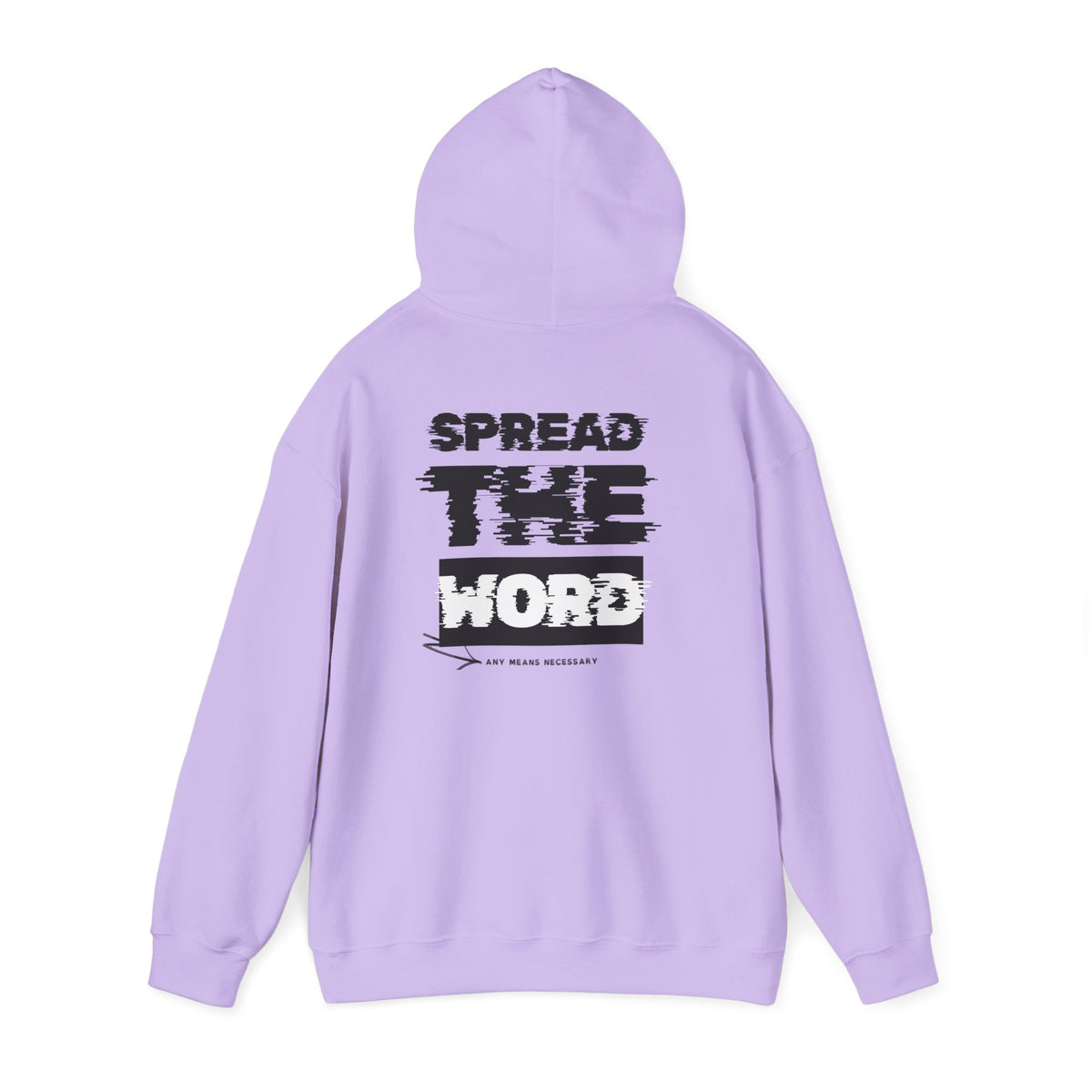 Lavender hoodie with drawstring hood and large “SPREAD THE WORD” back graphic