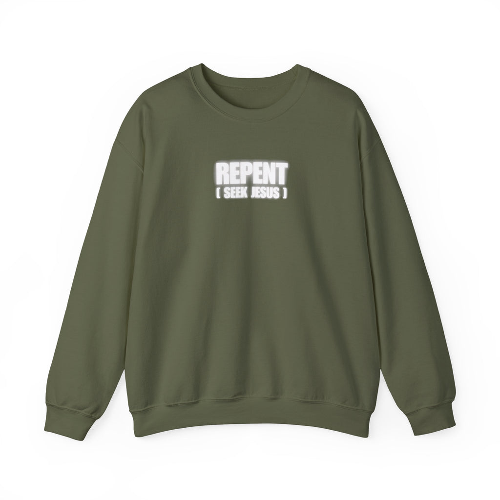 Olive green crewneck sweater with front text logo reading “REPENT I SEEK JESUS”