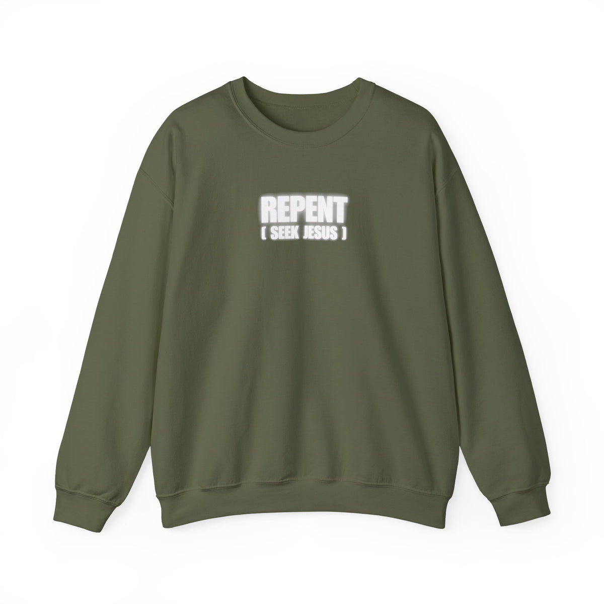 Olive green crewneck sweater with front text logo reading “REPENT I SEEK JESUS”