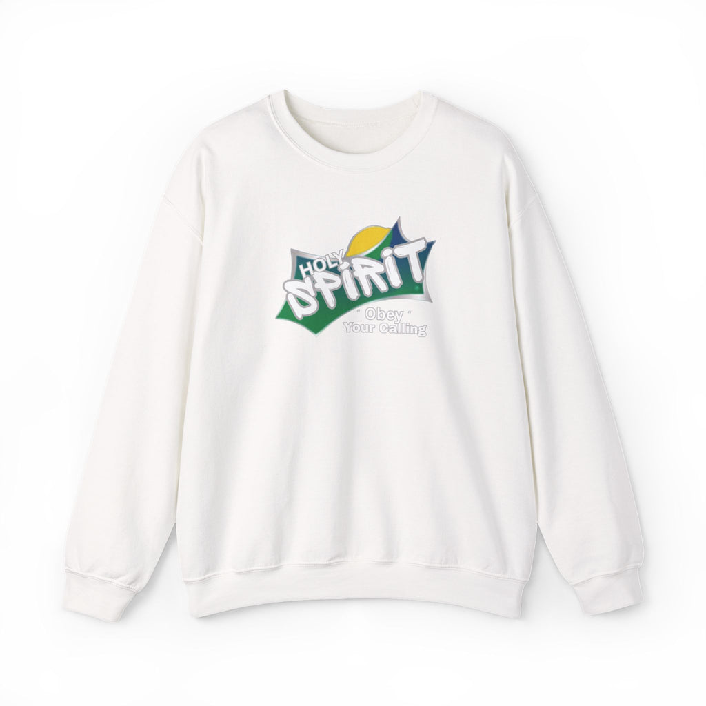 White crewneck sweatshirt with multicolor “Holy Spirit” chest graphic