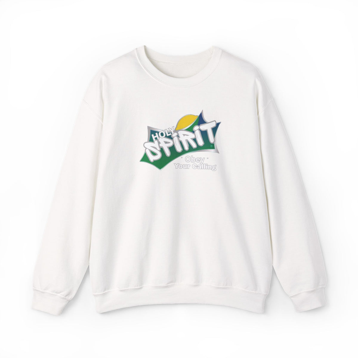 White crewneck sweatshirt with multicolor “Holy Spirit” chest graphic