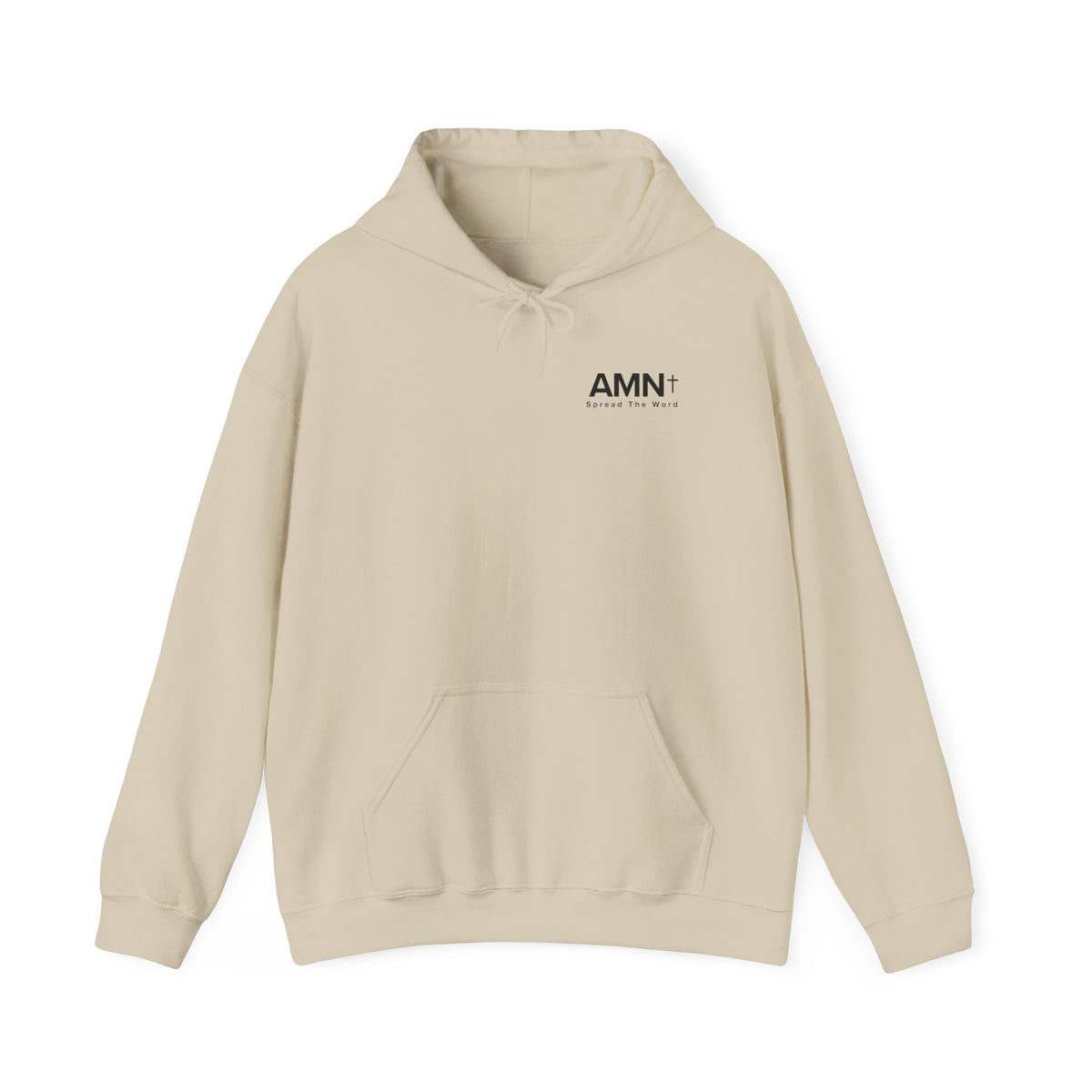 Sand pullover hoodie with drawstring hood, kangaroo pocket, and AMN+ chest logo.