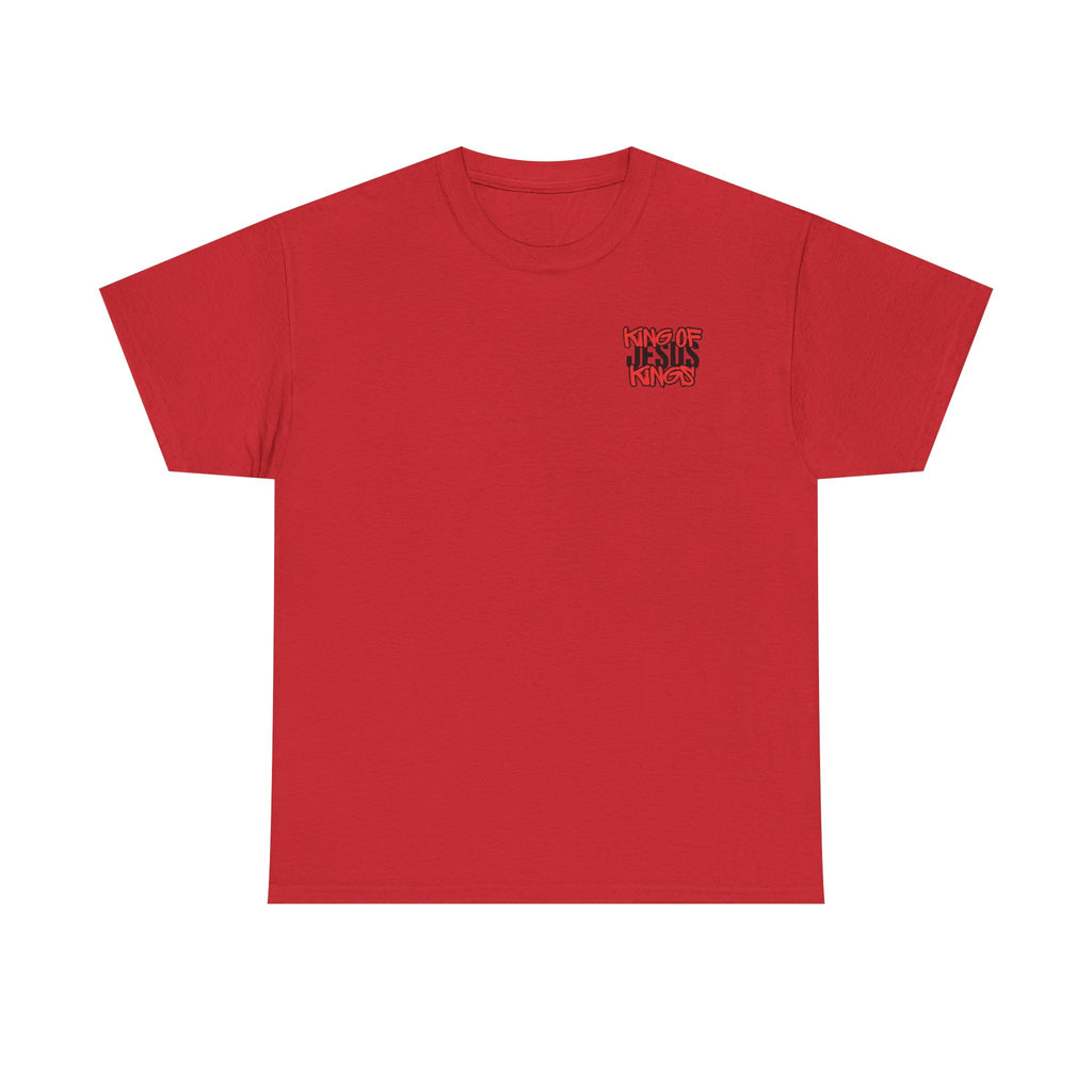 Red T-shirt with small chest logo graphic on front