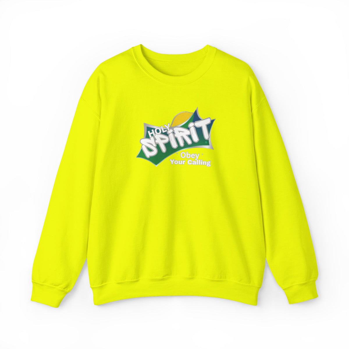 Bright yellow crewneck sweatshirt with multicolor “Holy Spirit” chest graphic