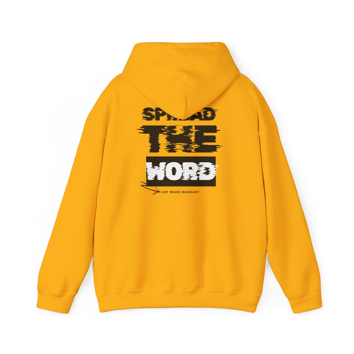 Orange hoodie with hood, long sleeves, and large back graphic print.