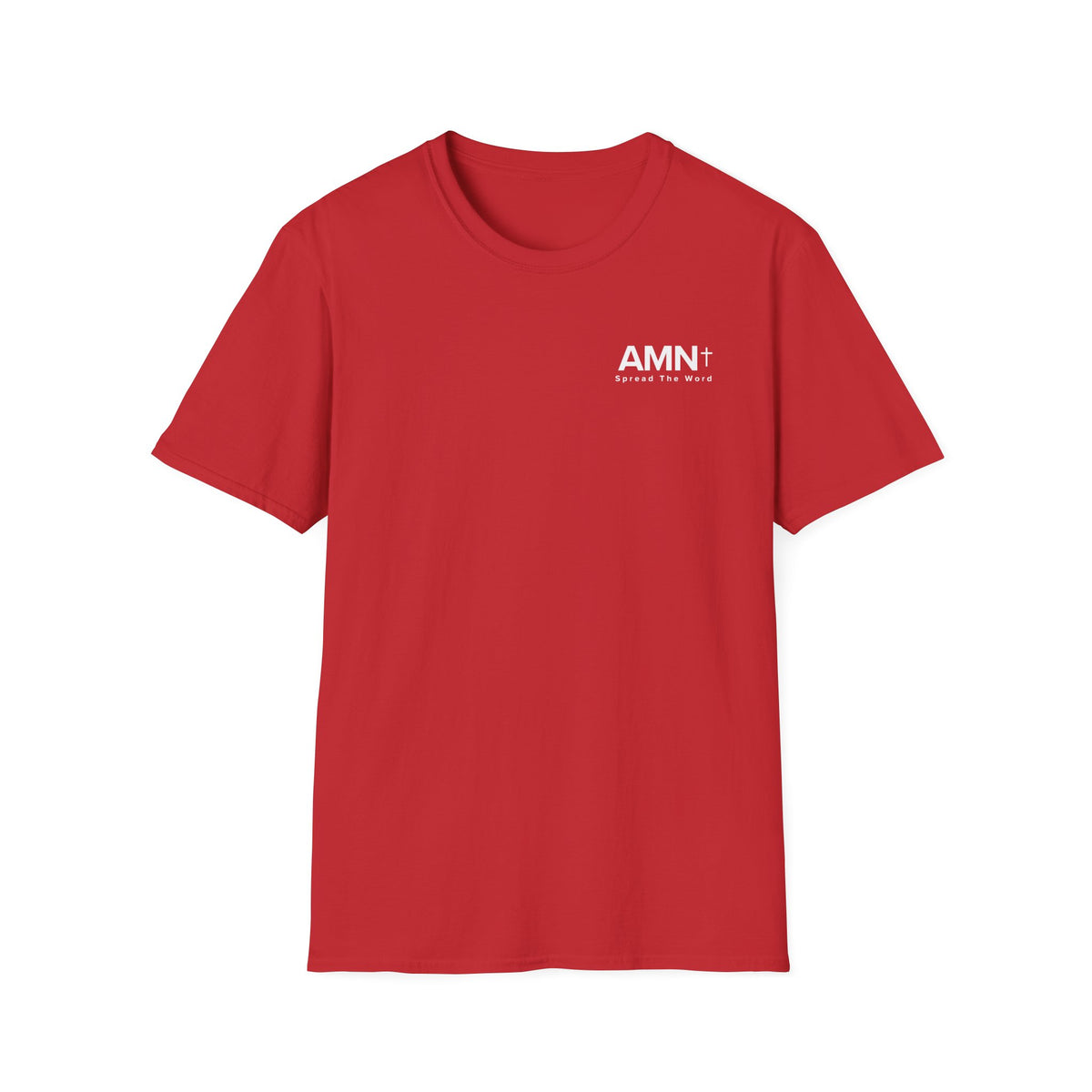 Red T-shirt with crew neck and small AMN+ chest logo print