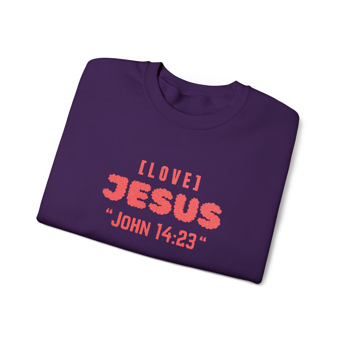 Purple crewneck sweater with red 'I LOVE JESUS' and 'JOHN 14:23' print.