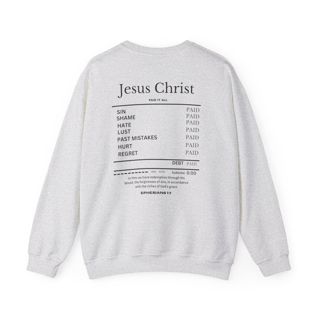 Light gray crewneck sweater with “Jesus Christ” text and list graphic on the back