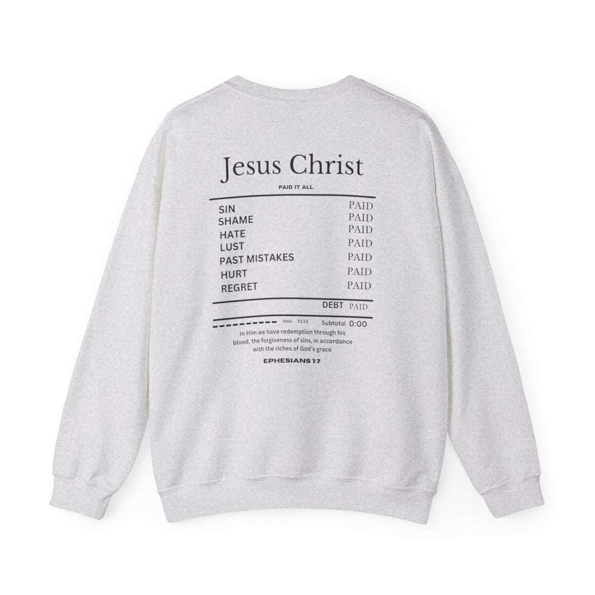 Light gray crewneck sweater with “Jesus Christ” text and list graphic on the back