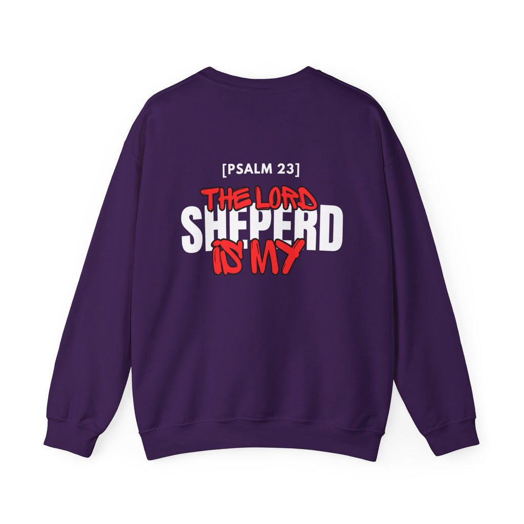 Purple sweater with centered 'The Lord Shepherd is My' back graphic