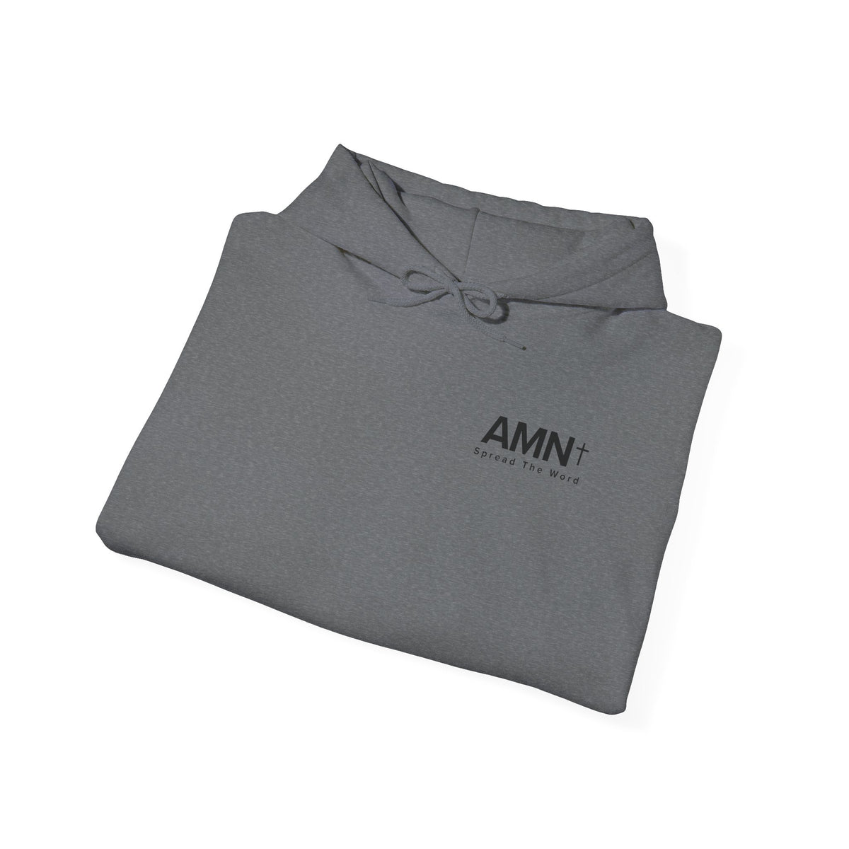 Gray pullover hoodie with AMN logo on front and hood drawstring