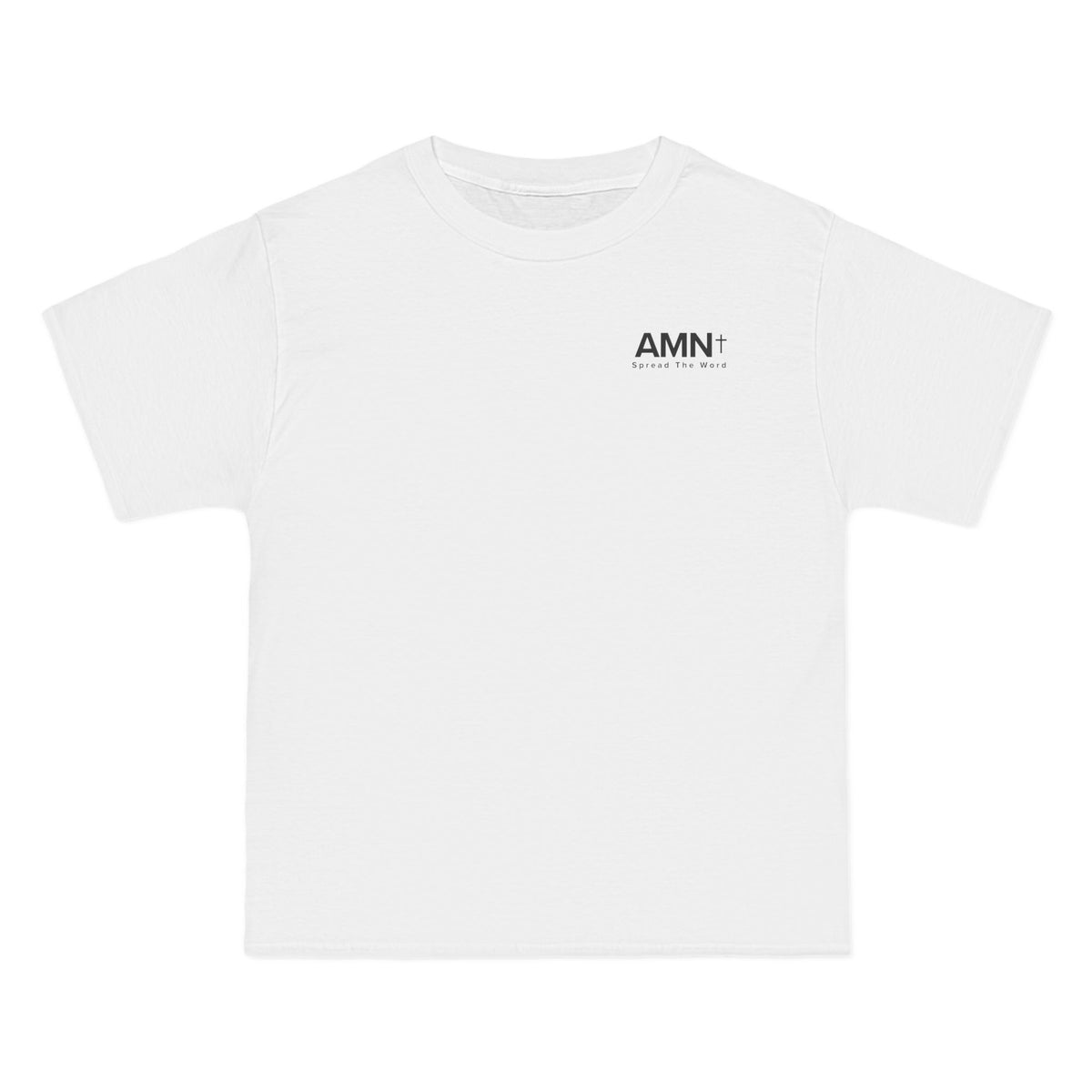 White oversized crewneck T-shirt with small AMN front logo print