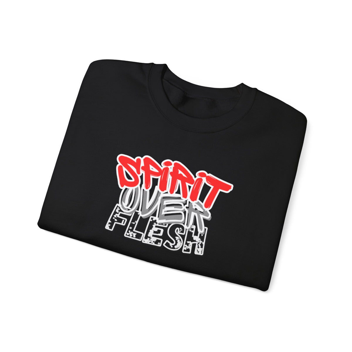 Black crewneck sweater with Spirit Over Flesh chest graphic