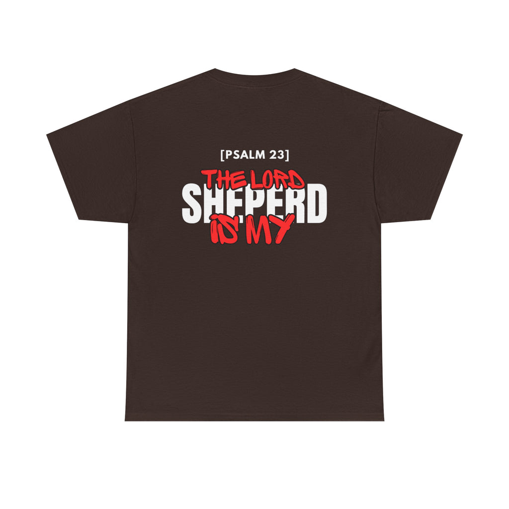 Dark brown crewneck T-shirt with multicolor "Psalm 23" "Shepherd is my" graphic on chest