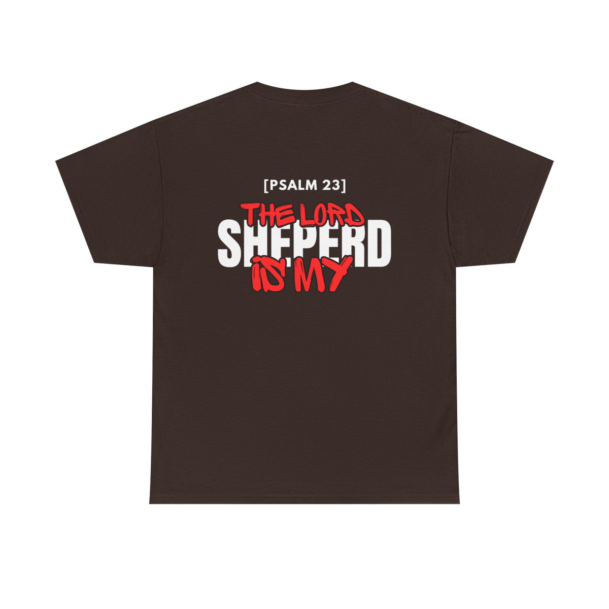 Dark brown crewneck T-shirt with multicolor "Psalm 23" "Shepherd is my" graphic on chest