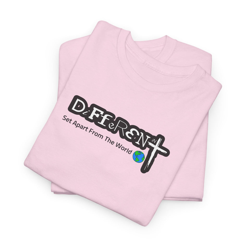 Light pink T-shirt with DiFfeR3Nt front graphic and globe icon