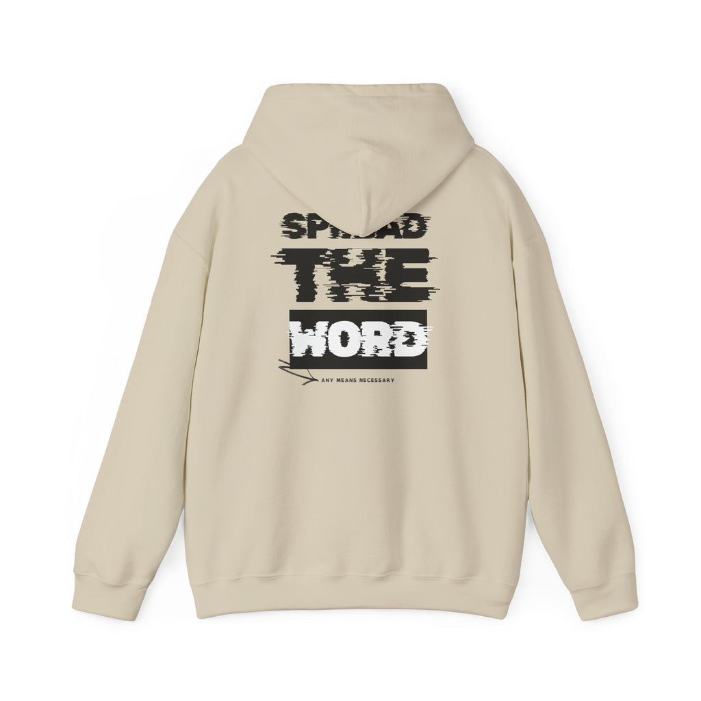 Light cream hoodie with hood and large back graphic print, long sleeves and pocket.