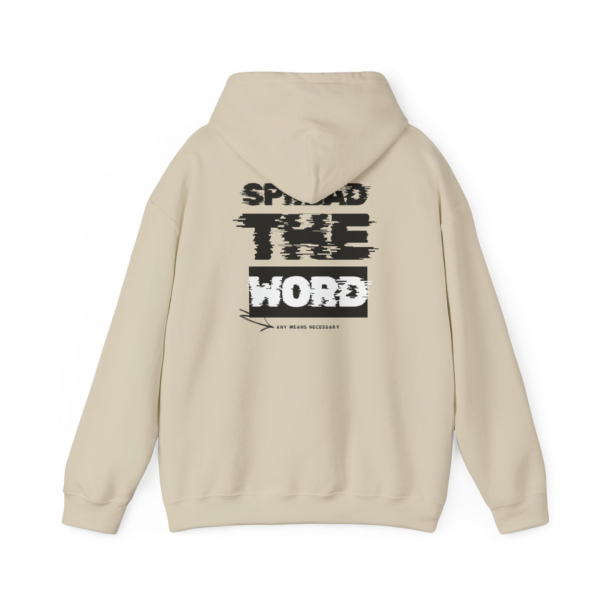 Light cream hoodie with hood and large back graphic print, long sleeves and pocket.