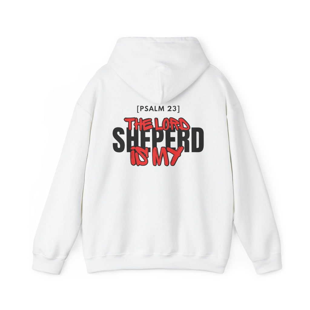 White pullover hoodie with hood and large back graphic, [PSALM 23] text