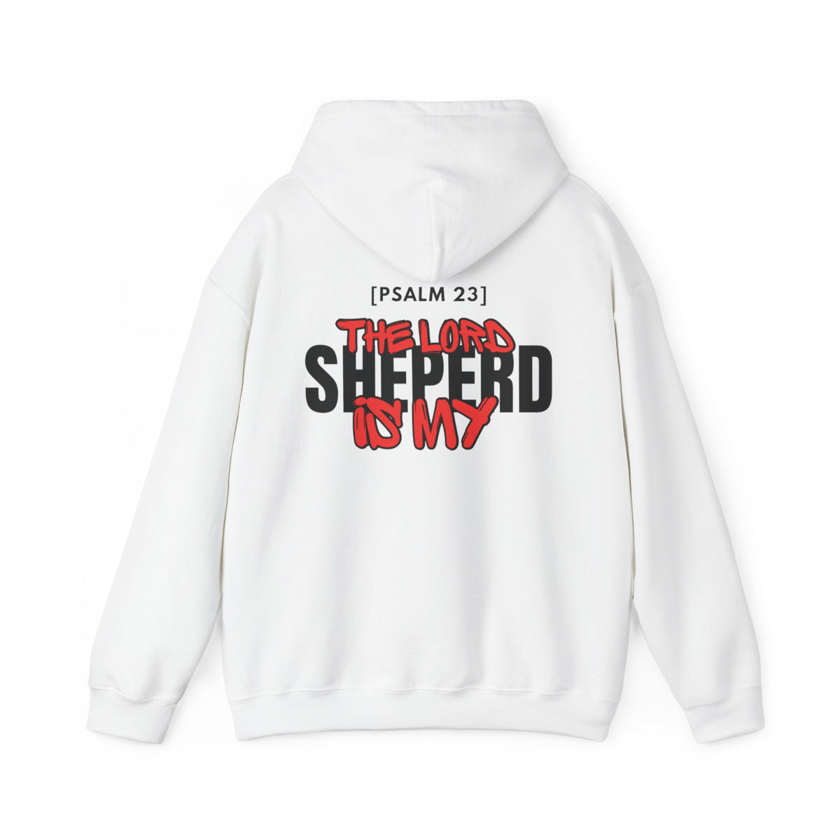White pullover hoodie with hood and large back graphic, [PSALM 23] text
