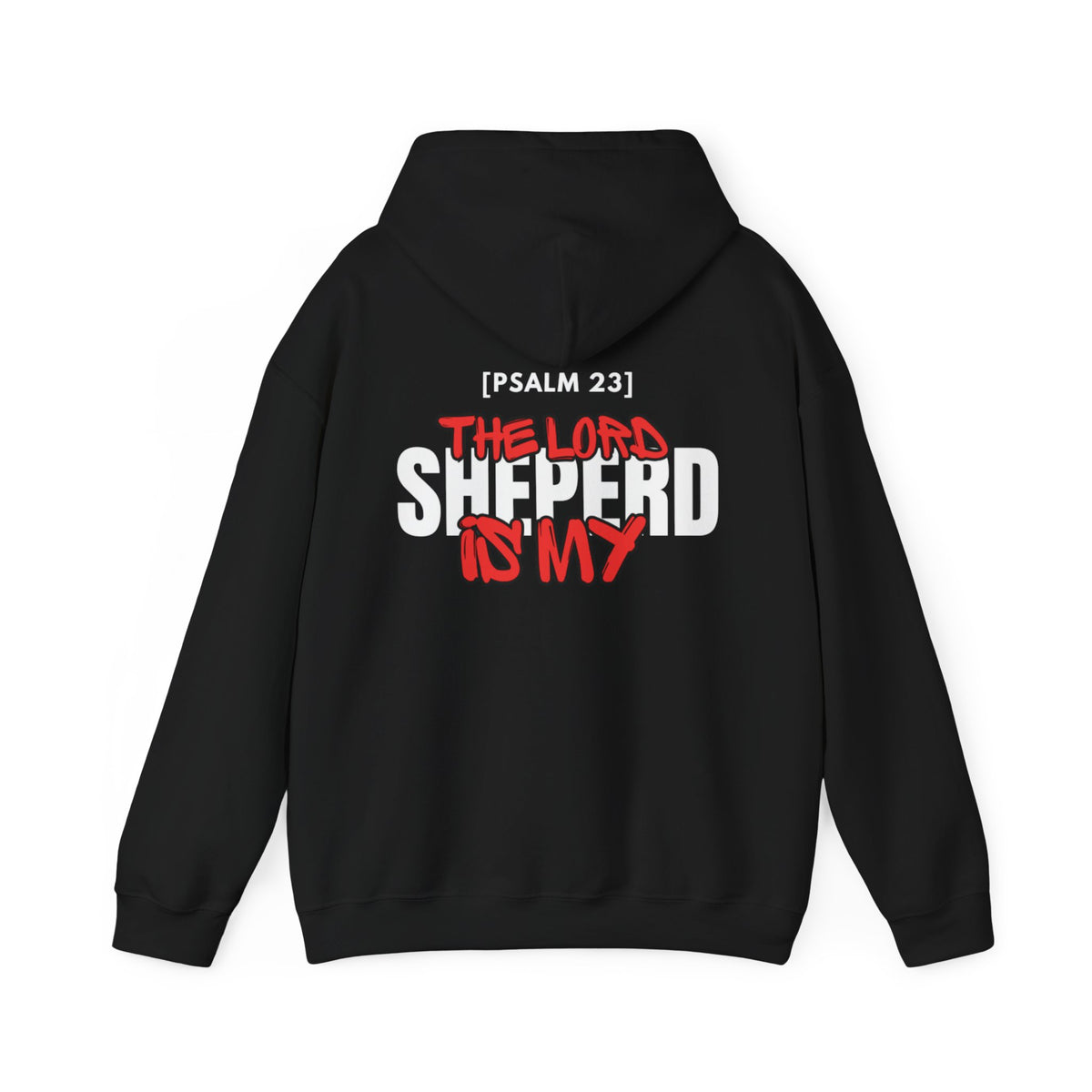 Black pullover hoodie with hood and large back graphic, [PSALM 23] text
