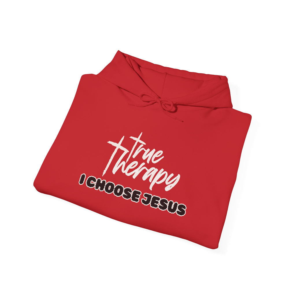Red True Therapy hoodie, front logo print