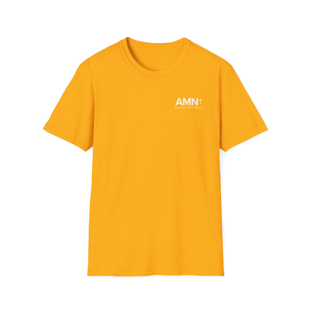 AMN T-shirt in orange with small AMN+ logo on the chest