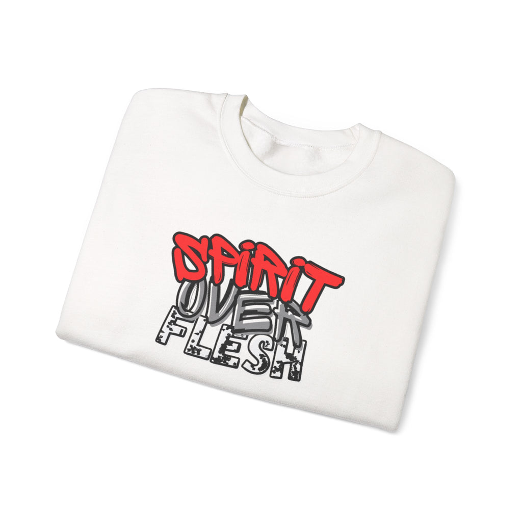 White crewneck sweater with Spirit Over Flesh chest graphic