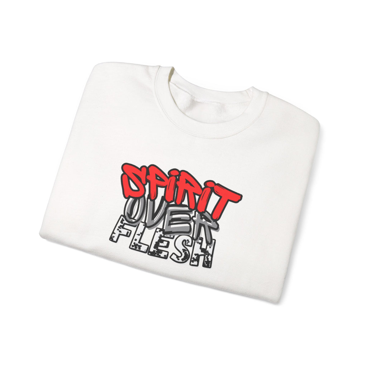 White crewneck sweater with Spirit Over Flesh chest graphic
