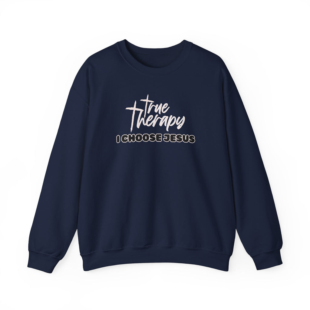 Navy crewneck sweater with long sleeves and front graphic print