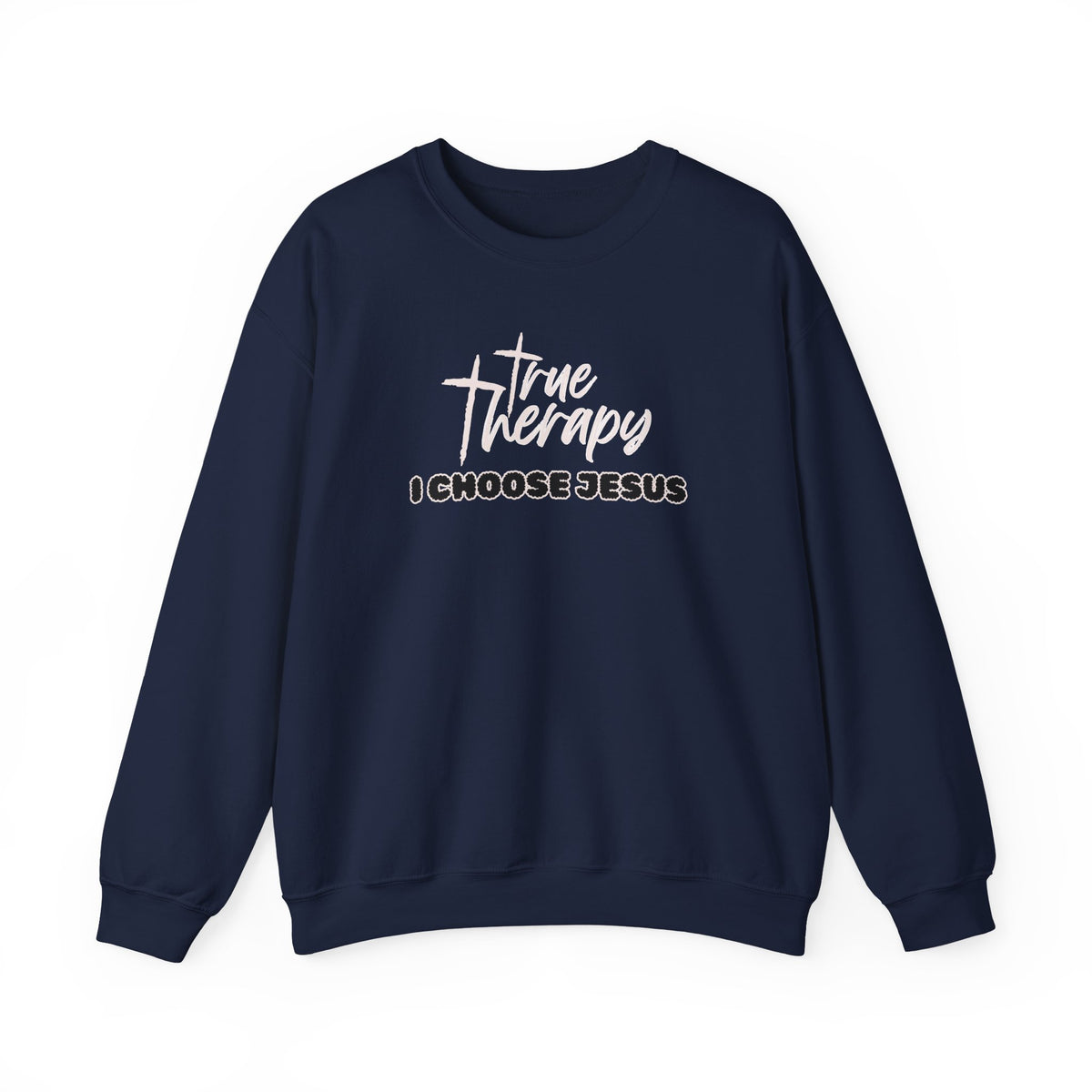 Navy crewneck sweater with long sleeves and front graphic print