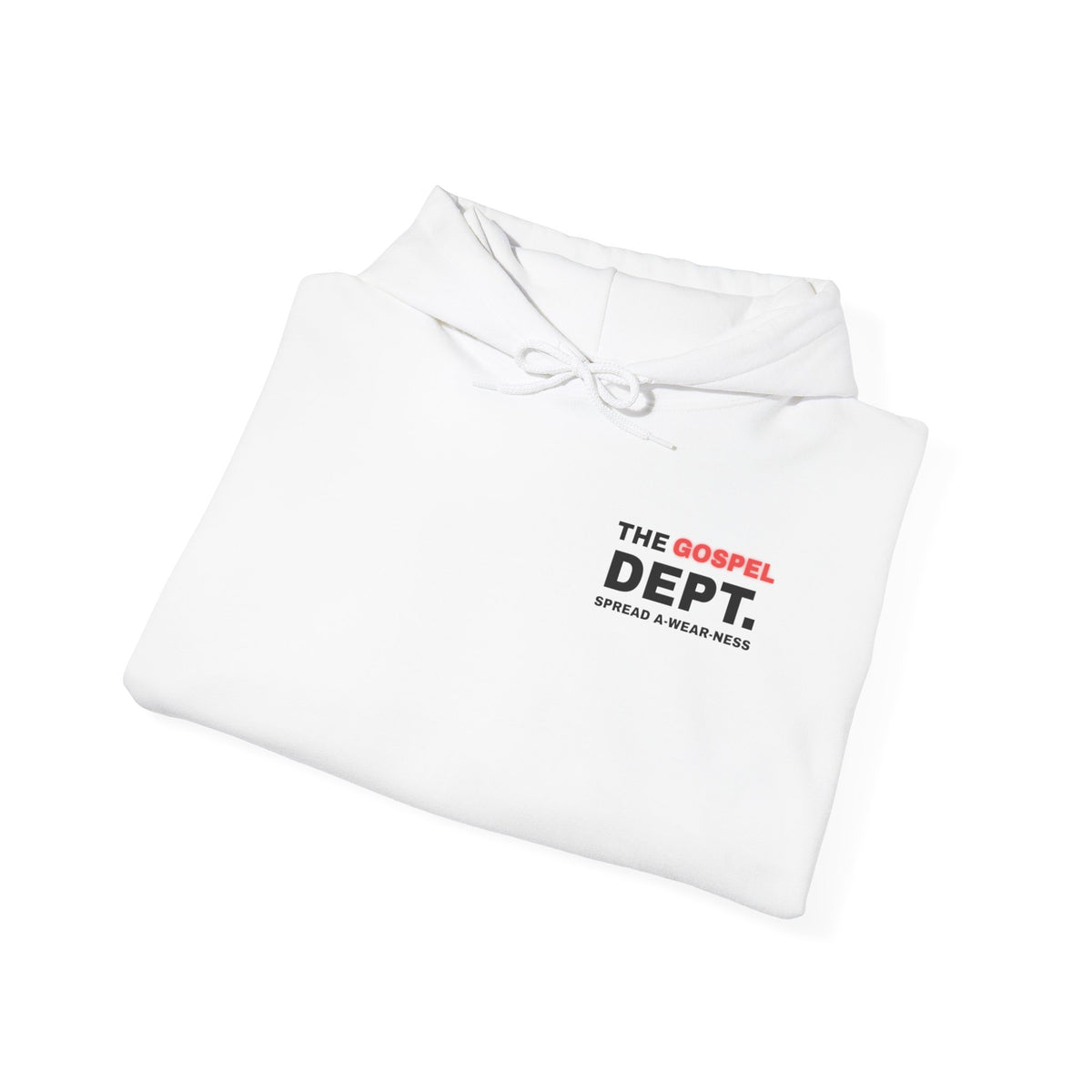 White hoodie with folded front logo "THE GOSPEL DEPT."