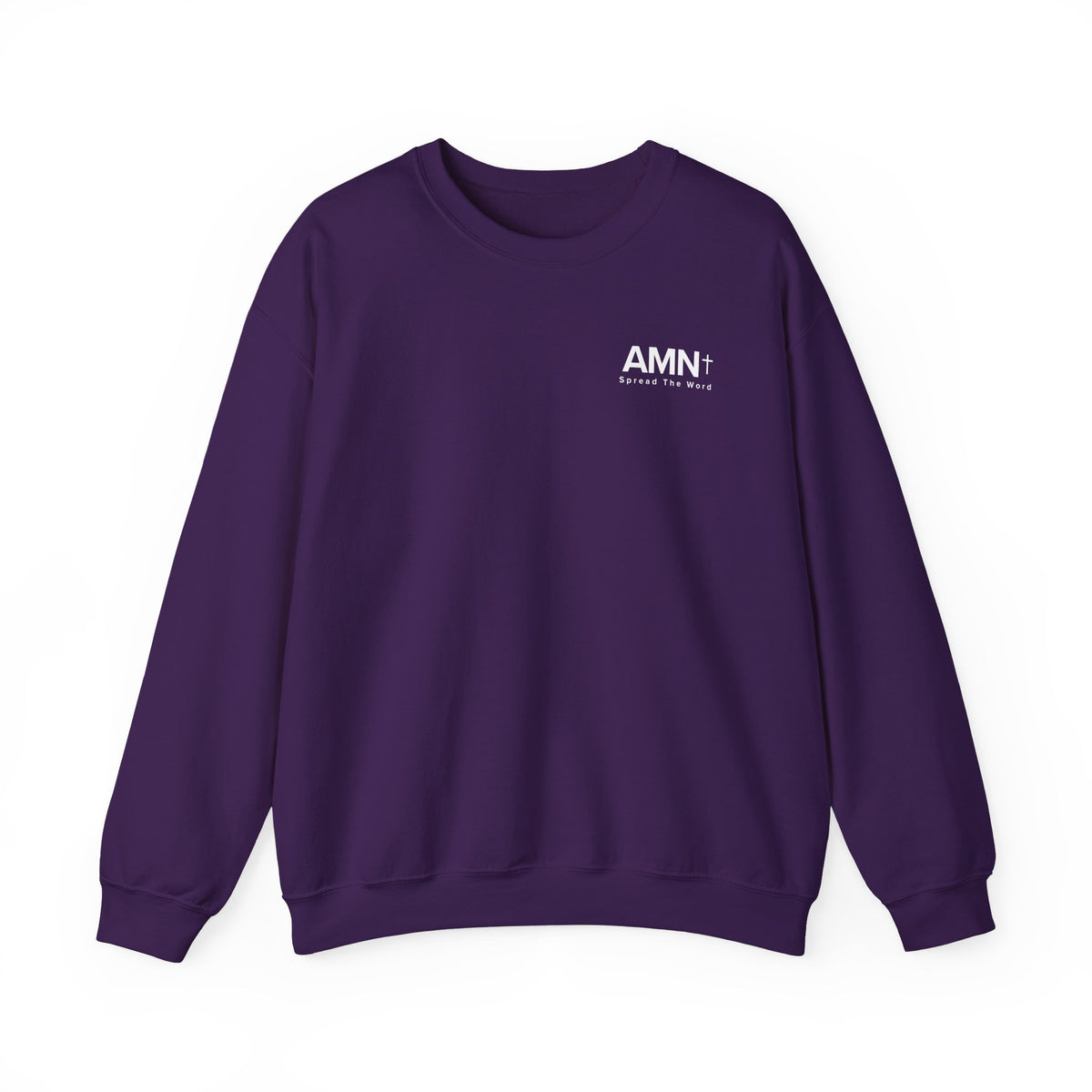 Purple crewneck sweater with AMN+ logo on the front.