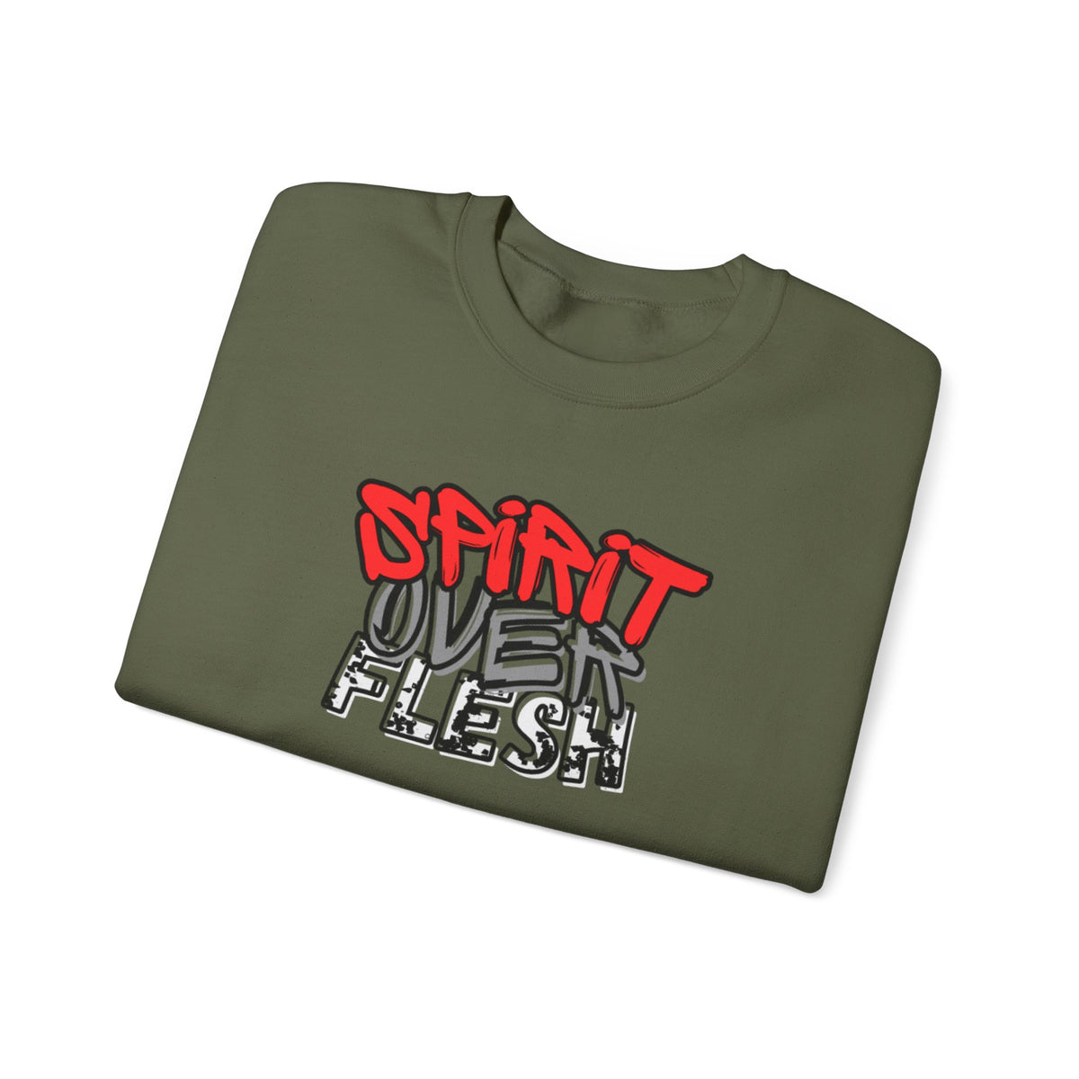Olive green crewneck sweater with red and white graphic logo on chest