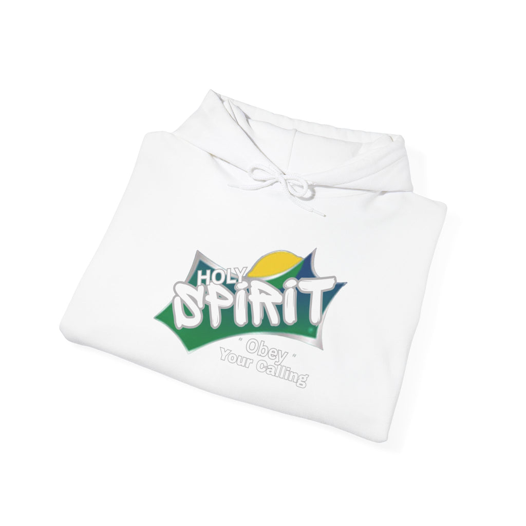 White pullover hoodie, laid flat, with Spirit logo and drawstring hood