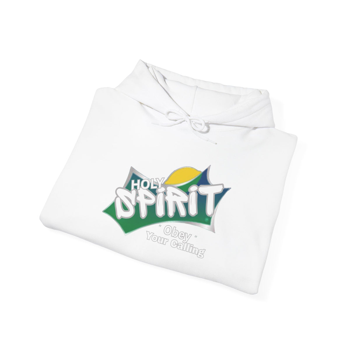 White pullover hoodie, laid flat, with Spirit logo and drawstring hood