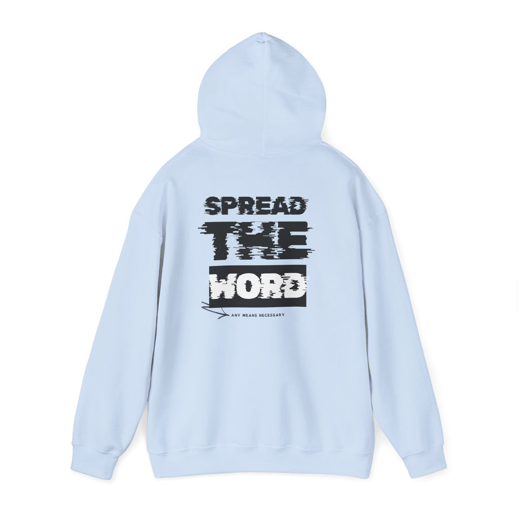 Light blue hoodie with drawstring hood and rear graphic print