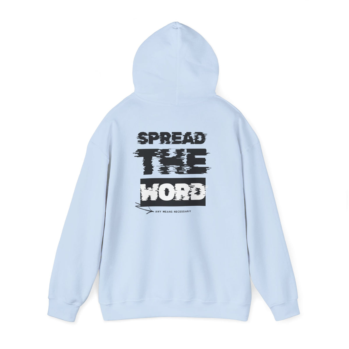 Light blue hoodie with drawstring hood and rear graphic print