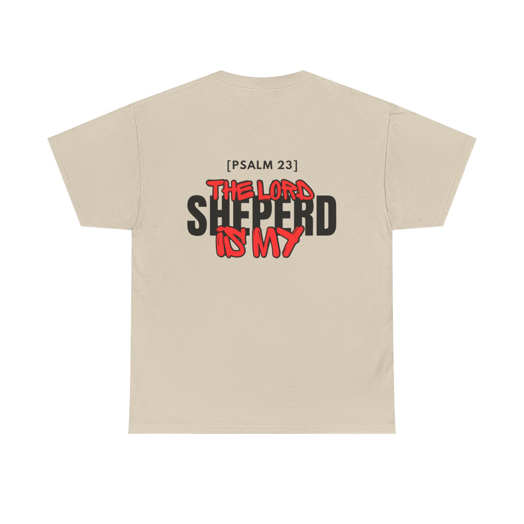 Beige T-shirt with large back text graphic, “THE LORD SHEPHERD IS MY”